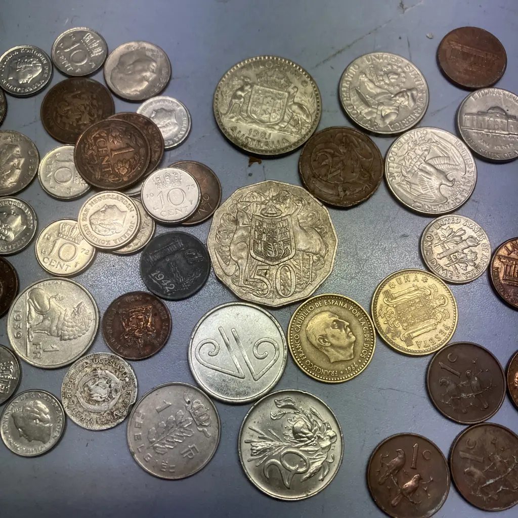 Assorted Coins - NZ, Peseta, Pfenning, American Etc & Collectable Air NZ Vending Token Coin Image 1++