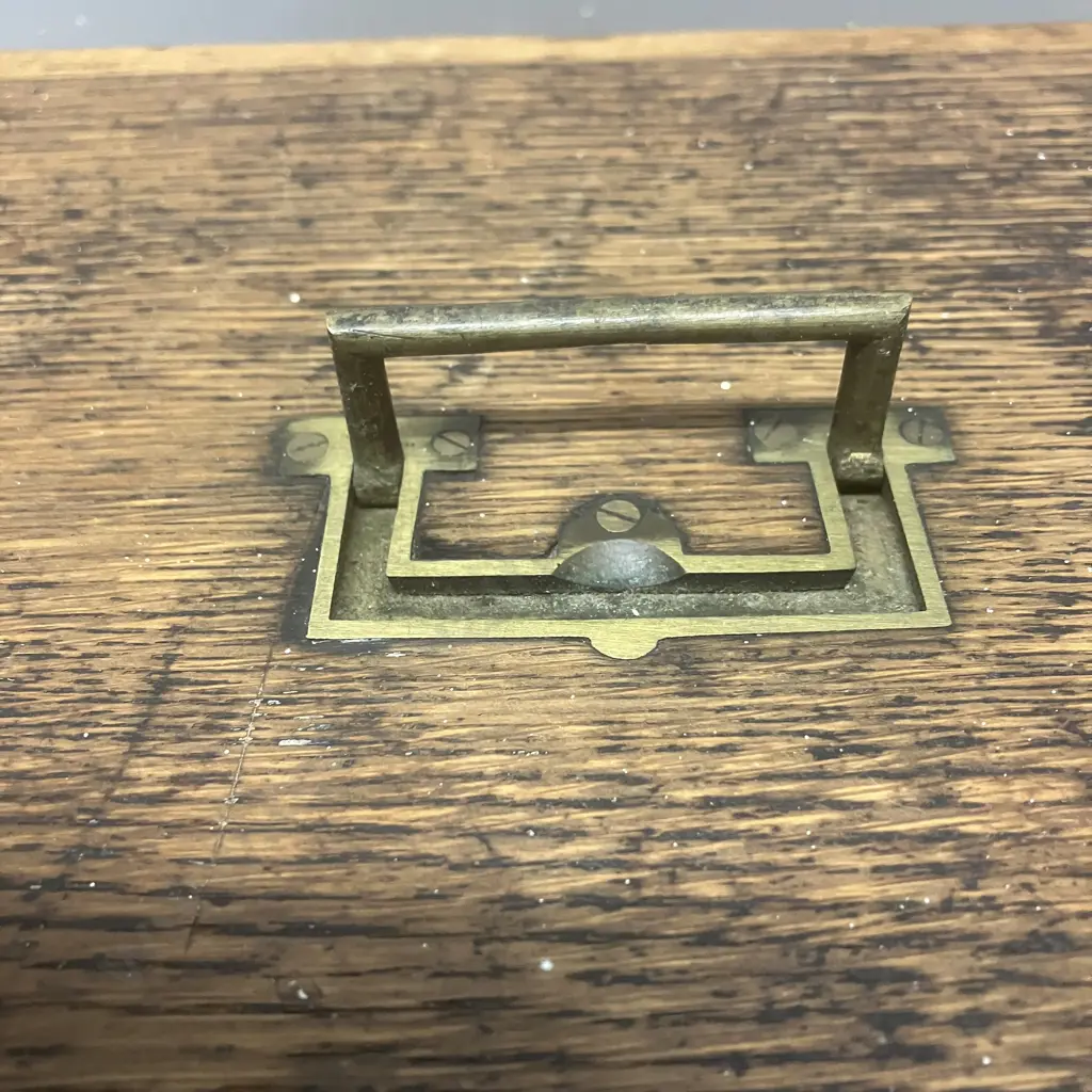 Vintage Oak Box With Brass Campaign Chest Handle. H24.5 W40.5 D25cm Image 1++
