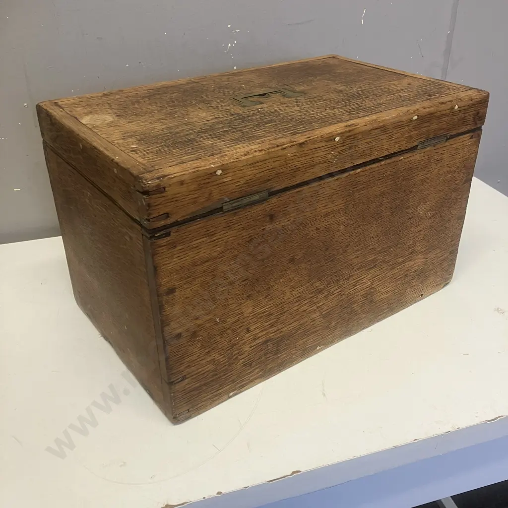 Vintage Oak Box With Brass Campaign Chest Handle. H24.5 W40.5 D25cm Image 1++