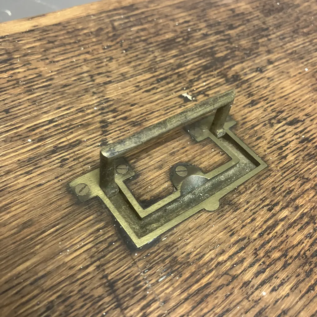 Vintage Oak Box With Brass Campaign Chest Handle. H24.5 W40.5 D25cm Image 1++