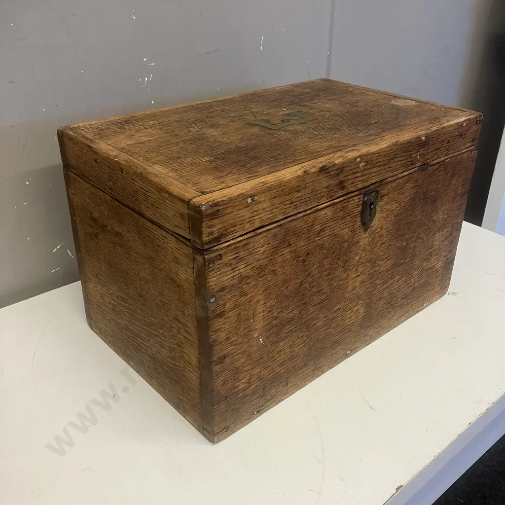 Vintage Oak Box With Brass Campaign Chest Handle. H24.5 W40.5 D25cm Image 1++
