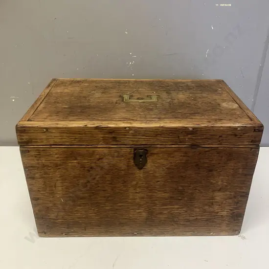 Vintage Oak Box With Brass Campaign Chest Handle. H24.5 W40.5 D25cm