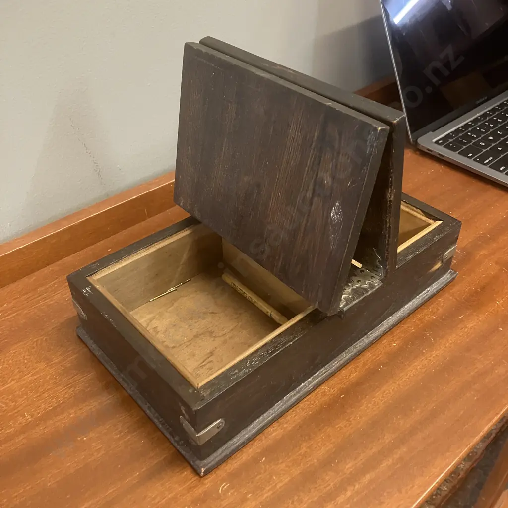 Antique Oak Cigarette Box With Soft Wood Lining. Silver Plate Shield Plaques. H6.5 (Plus Handle) W27.5 D16.5cm Image 1++
