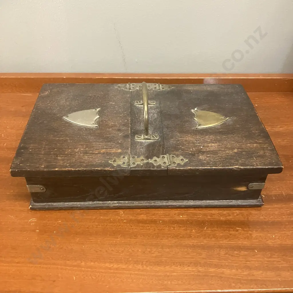 Antique Oak Cigarette Box With Soft Wood Lining. Silver Plate Shield Plaques. H6.5 (Plus Handle) W27.5 D16.5cm Image 1++