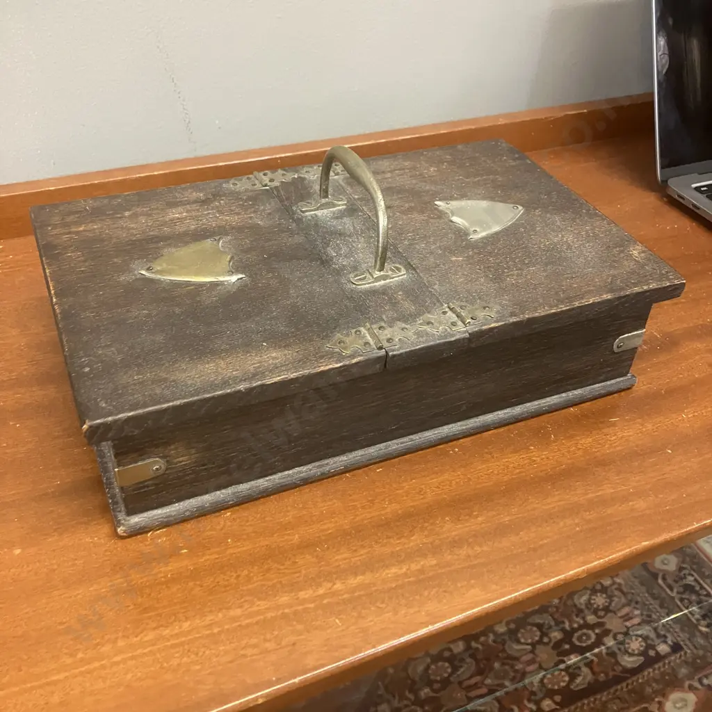 Antique Oak Cigarette Box With Soft Wood Lining. Silver Plate Shield Plaques. H6.5 (Plus Handle) W27.5 D16.5cm Image 1++