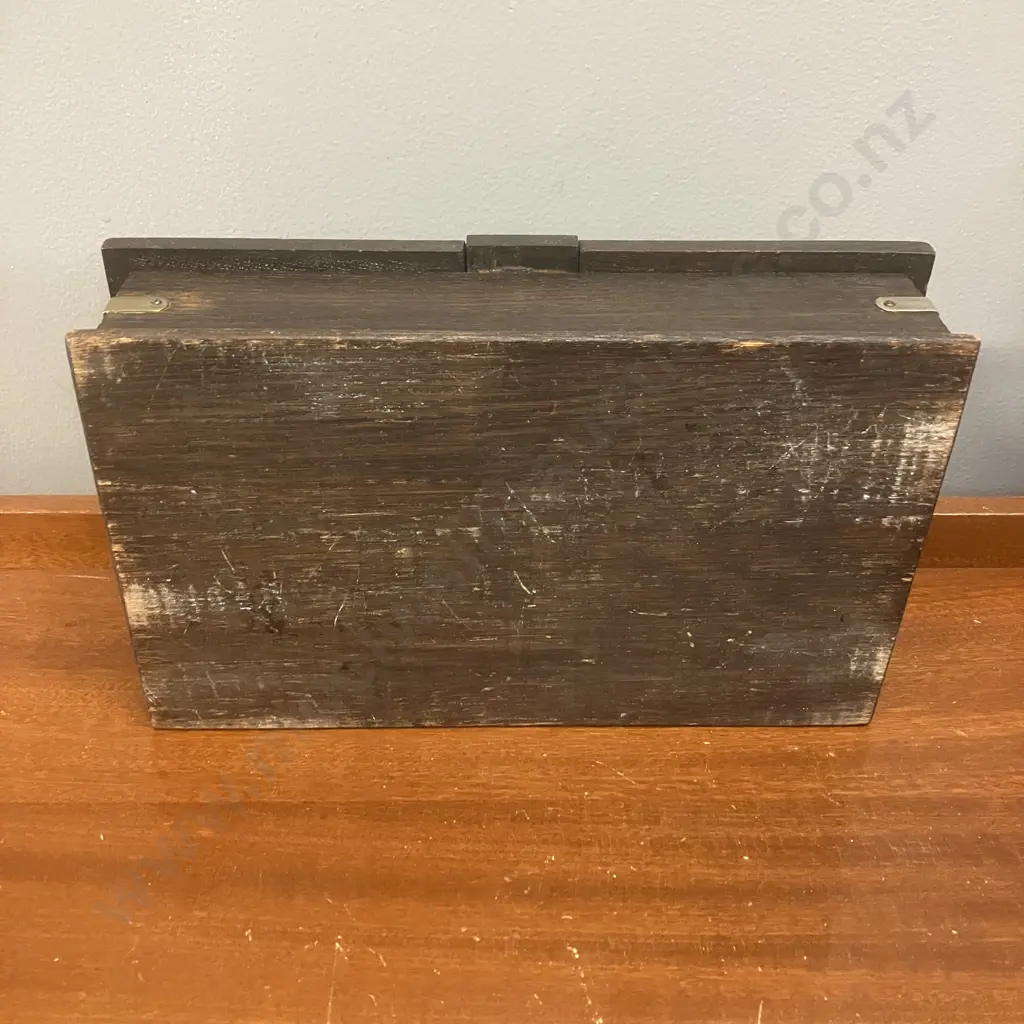 Antique Oak Cigarette Box With Soft Wood Lining. Silver Plate Shield Plaques. H6.5 (Plus Handle) W27.5 D16.5cm Image 1++