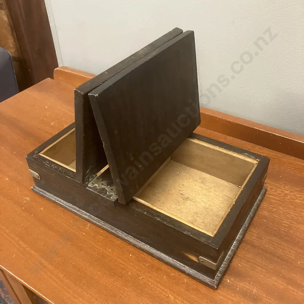 Antique Oak Cigarette Box With Soft Wood Lining. Silver Plate Shield Plaques. H6.5 (Plus Handle) W27.5 D16.5cm Image 1++