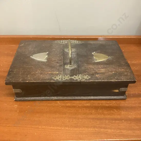 Antique Oak Cigarette Box With Soft Wood Lining. Silver Plate Shield Plaques. H6.5 (Plus Handle) W27.5 D16.5cm