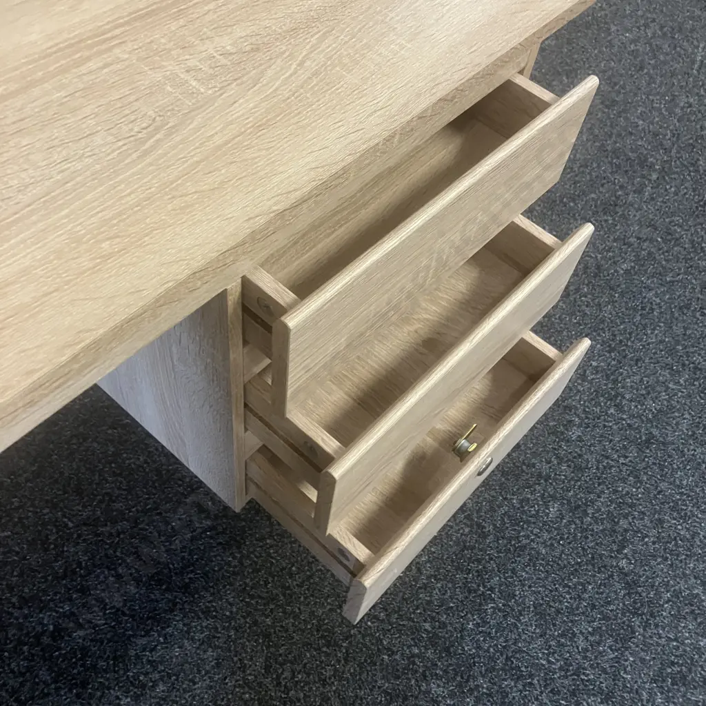 Oak Effect 3 Drawer Desk With Key. H76 W120 D50cm Image 1++