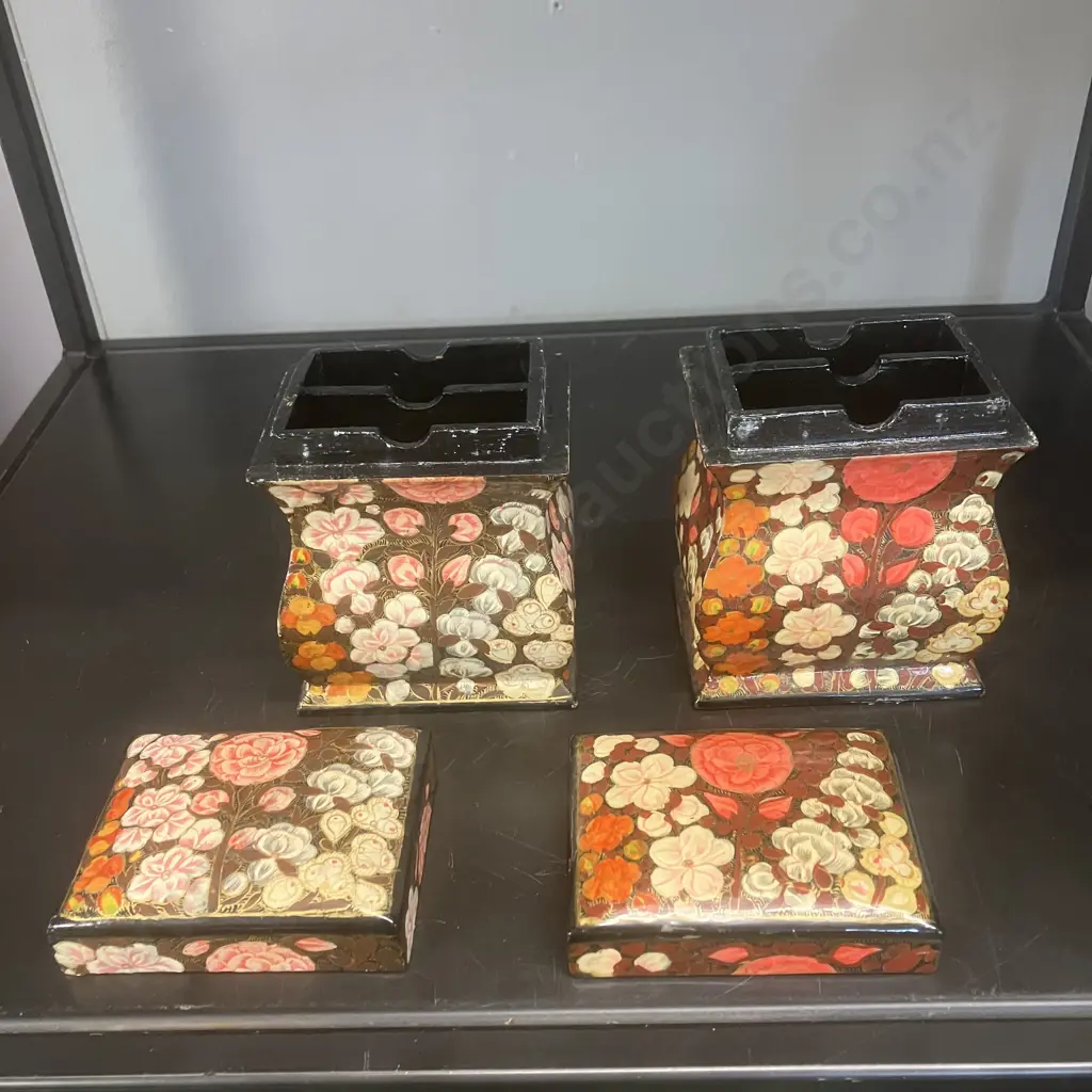 Pair of Vintage Kashmiri Hand Painted Lacquered Wood Lidded Boxes. H11 W9 D7cm Image 1++