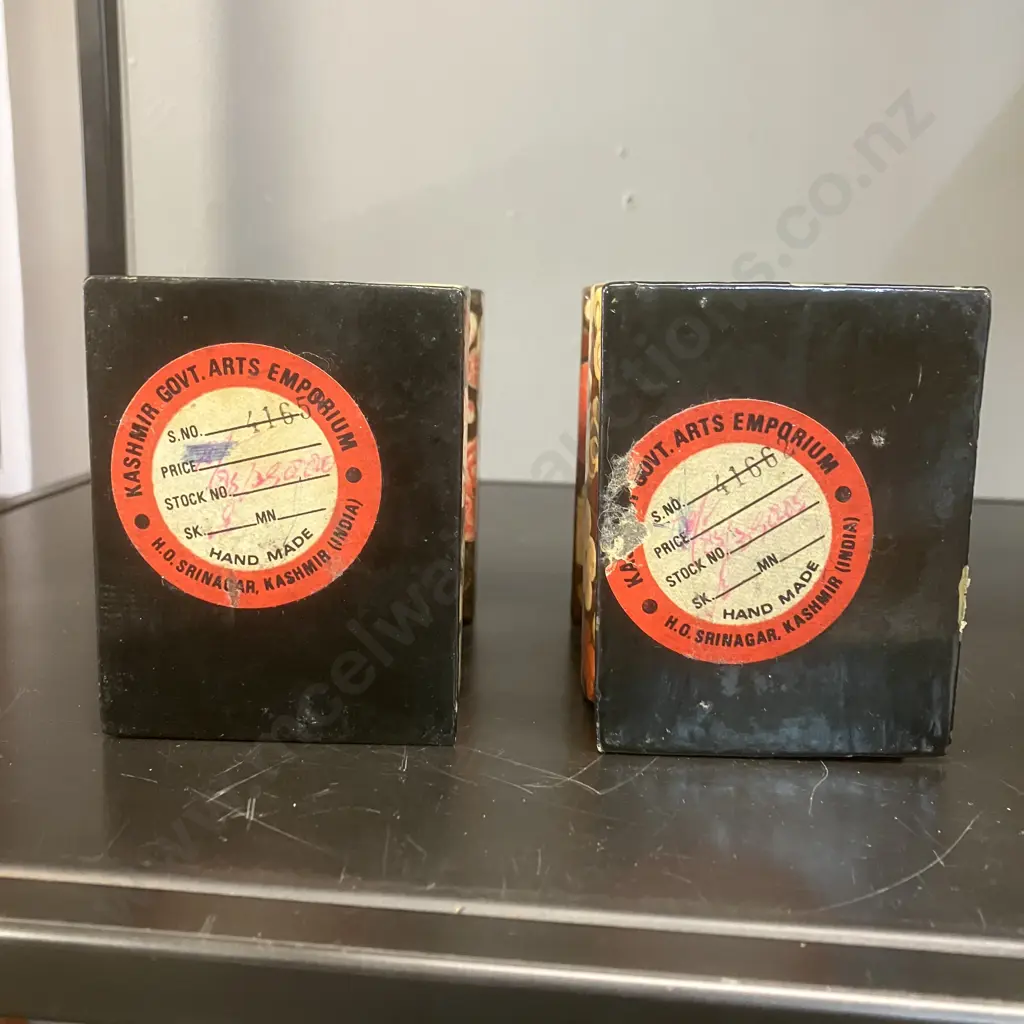 Pair of Vintage Kashmiri Hand Painted Lacquered Wood Lidded Boxes. H11 W9 D7cm Image 1++