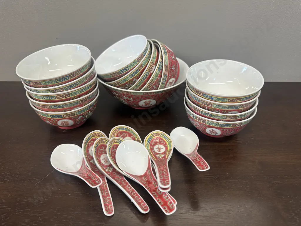 Vintage Chinese Rice Ware Bowl With Matching Spoons Image 1++