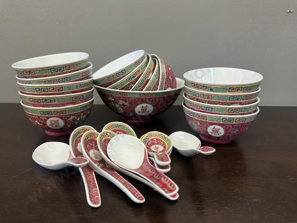 Vintage Chinese Rice Ware Bowl With Matching Spoons Image 1++