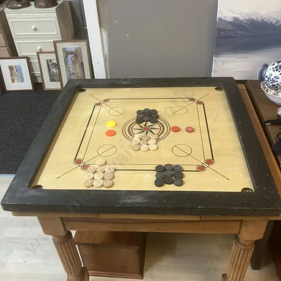 Vintage Full Size Carrom Board Game Set With 2 Complete Sets Of Pieces. 73 x 73cm Playing Surface