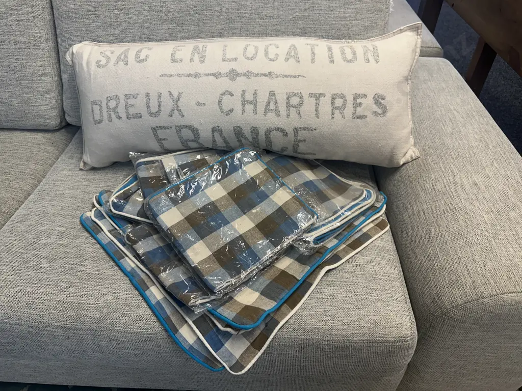 Rectangular French Look Cushion With Square Checked Cushion Covers Blue/Brown Tones Image 1++