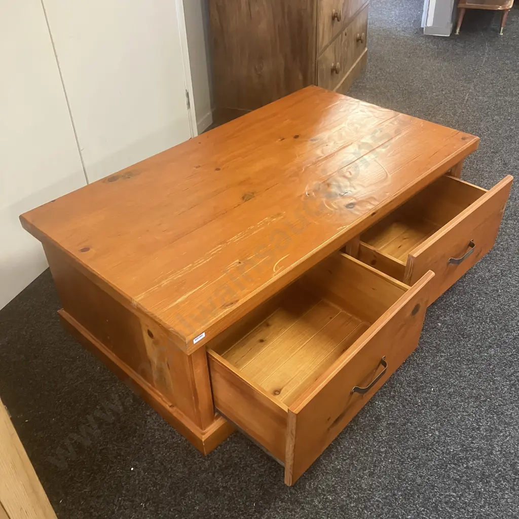 Recycled Pine Rectangular Coffee Table, 2 Drawers With Curved Steel Handles. H44 W126.5 D73cm Image 1++