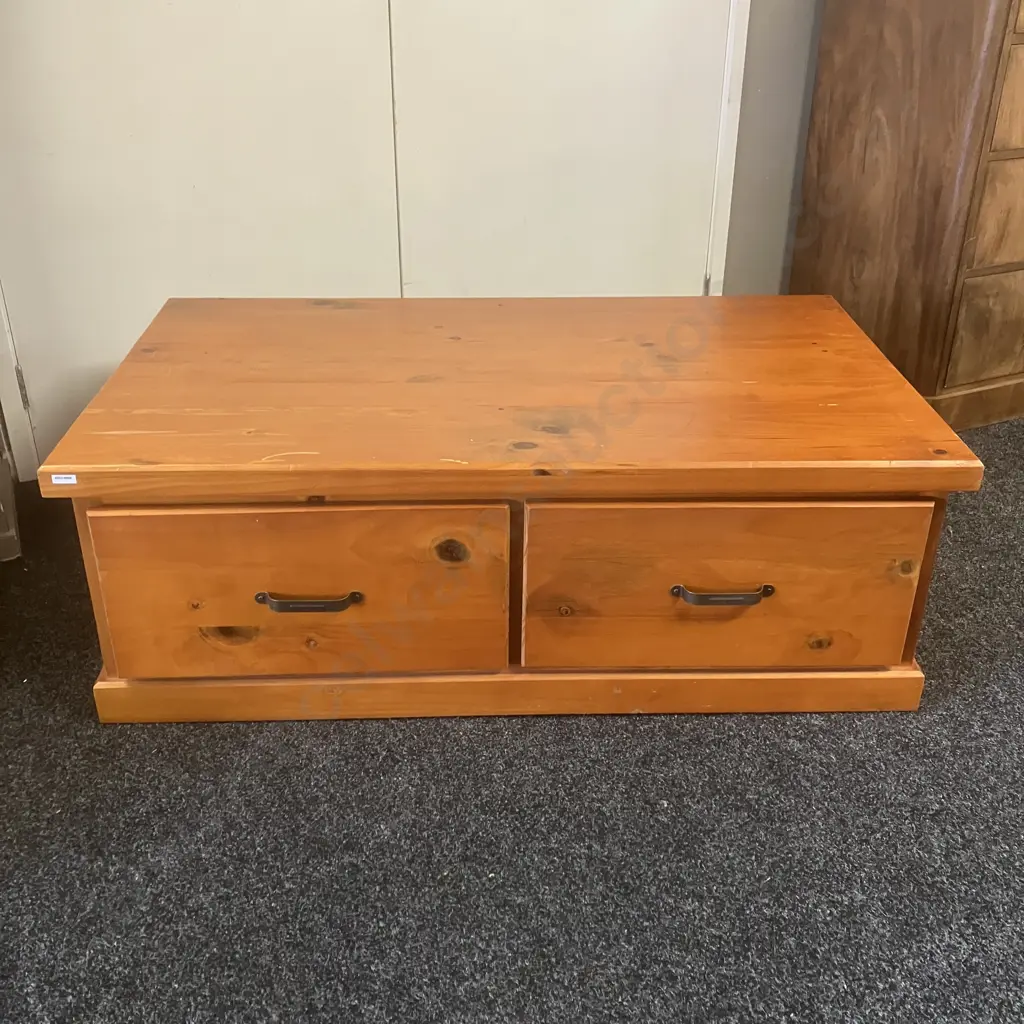 Recycled Pine Rectangular Coffee Table, 2 Drawers With Curved Steel Handles. H44 W126.5 D73cm Image 1++