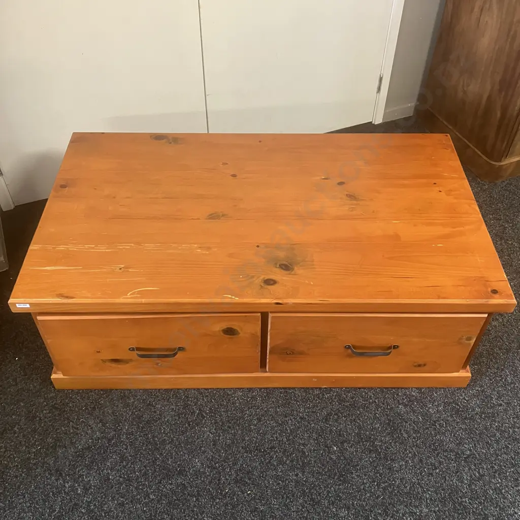 Recycled Pine Rectangular Coffee Table, 2 Drawers With Curved Steel Handles. H44 W126.5 D73cm Image 1++