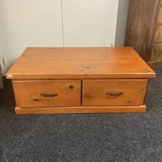Recycled Pine Rectangular Coffee Table, 2 Drawers With Curved Steel Handles. H44 W126.5 D73cm