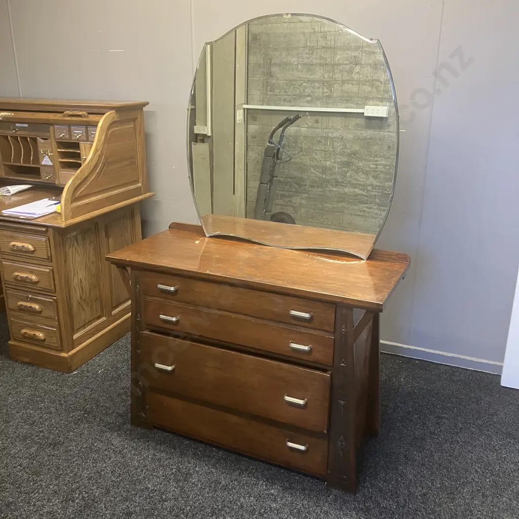 Antique Four Drawer Dresser With Mirror - Hand Carved Supports & Inside Drawer Front Image 1++