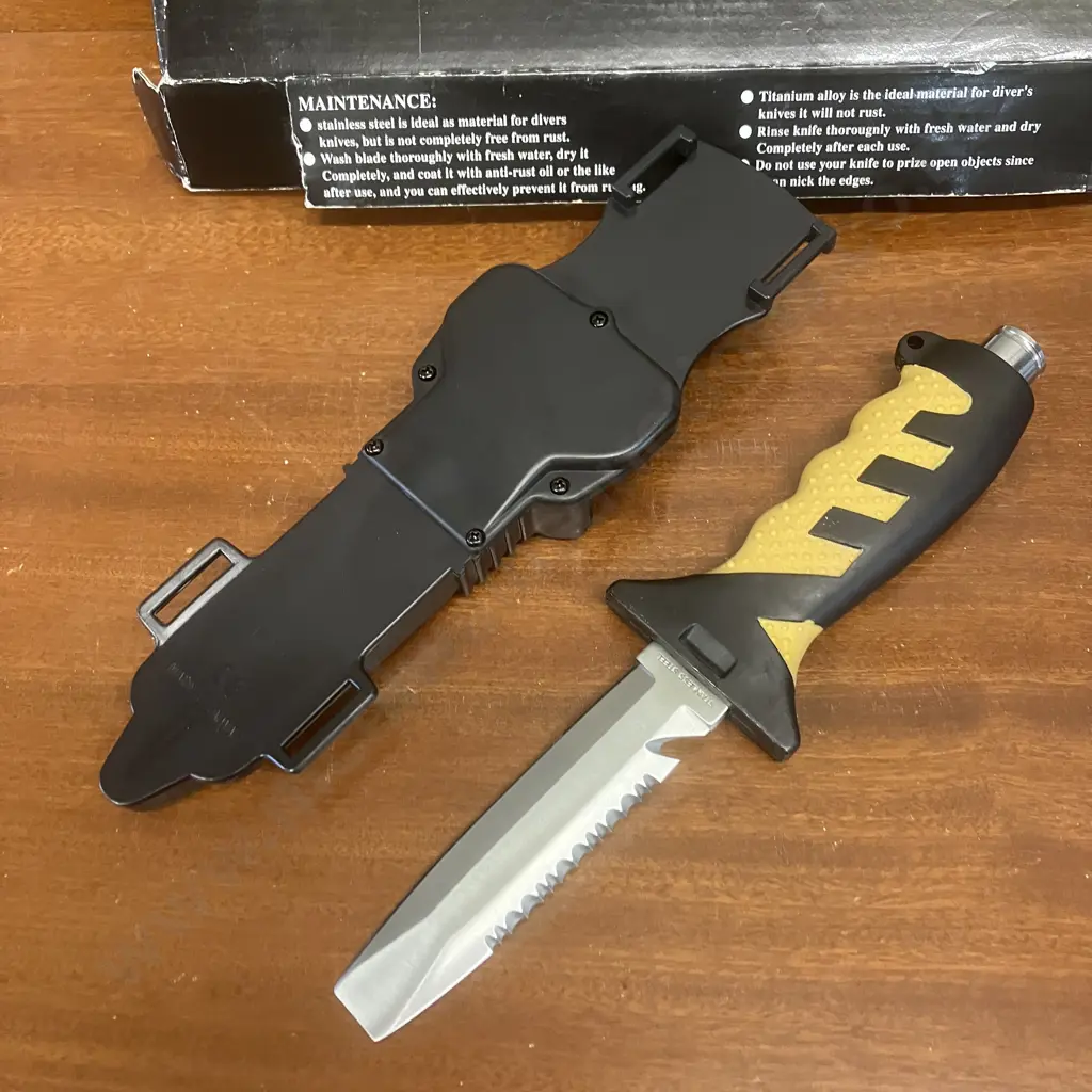 Atlantis Quest K11 Dive Knife, Yellow In Box - Marine Grade 420 Stainless Steel Chisel Tip Blade With Two Tone Sure-Grip Image 1++