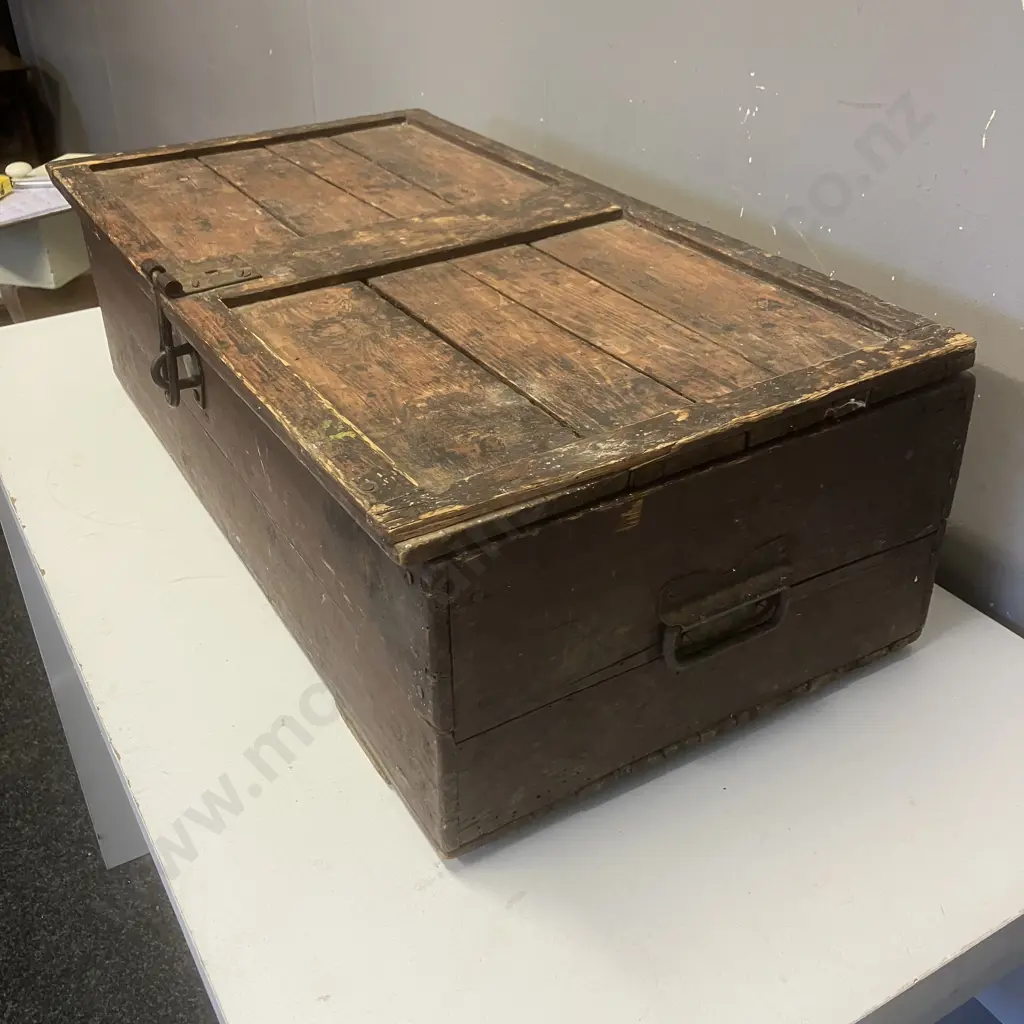 Antique Wooden Chest With Double Steel Handles. H20 W65 D34cm Image 1++