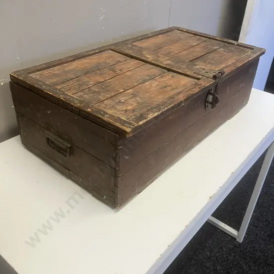 Antique Wooden Chest With Double Steel Handles. H20 W65 D34cm