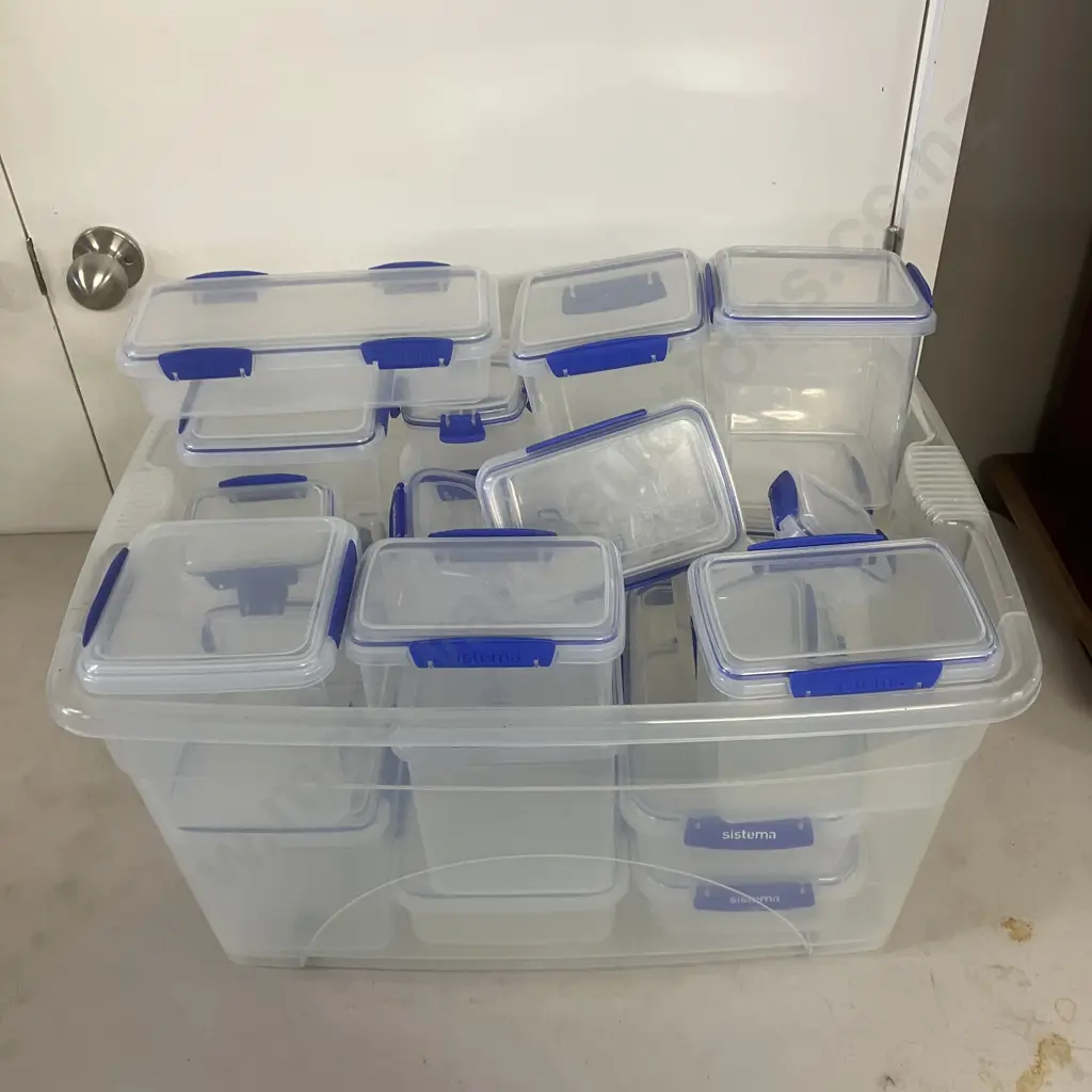 Assorted Sistema Plasticware With Lids In Clear Bin Image 1++