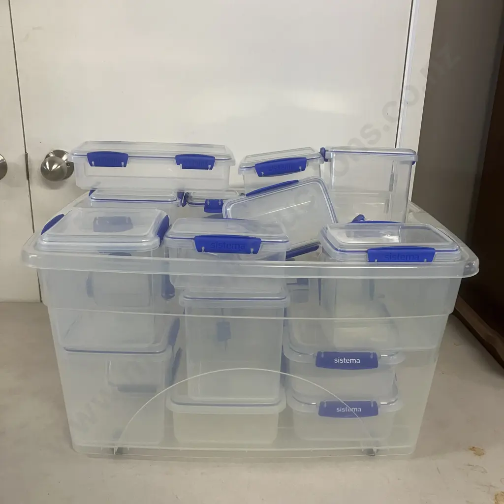 Assorted Sistema Plasticware With Lids In Clear Bin Image 1++