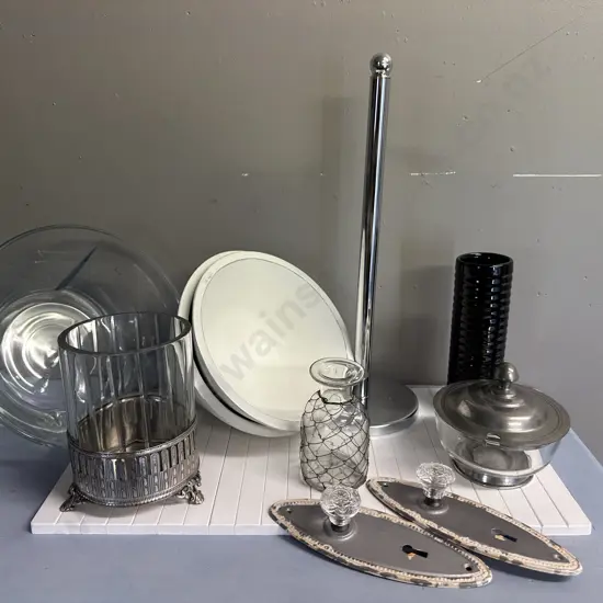 Assorted Kitchen Items Including N.E.D. Wooden Place Mat, Bowls, Glassware Etc