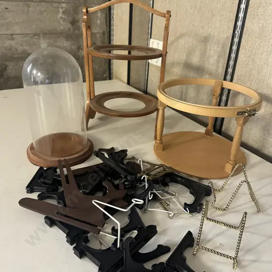Vintage Plate Stand, Glass Dome Display, Needle Work Stand Etc