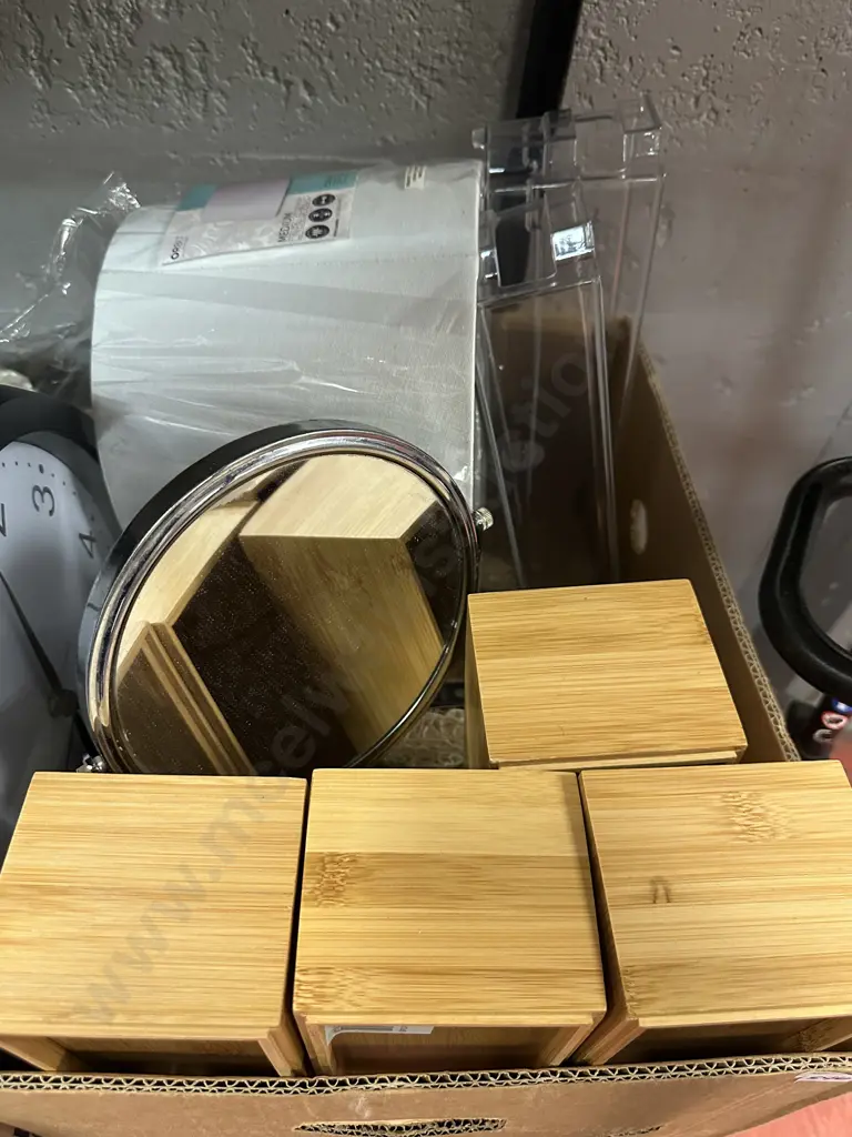 Box Lot Of Assorted Items Including Clock, Light Shade Etc Image 1++