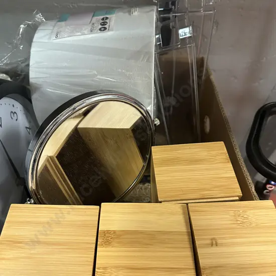 Box Lot Of Assorted Items Including Clock, Light Shade Etc