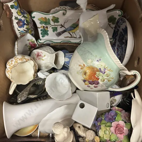 Box Lot China Items Including Wedgwood, Johnson Bros Etc