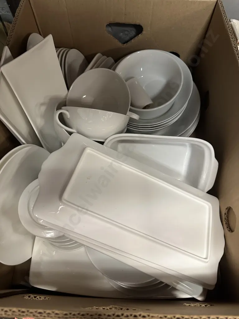Box Lot Of Assorted White Crockery Image 1++