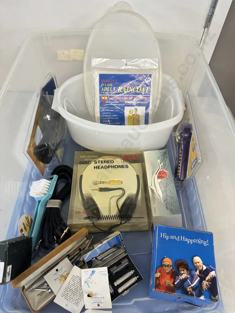 Clear Blue Lidded Bin With Assorted Items Including Headphones, Tupperware, Vintage Items Etc Image 1++