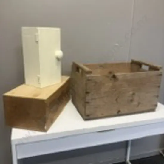 Vintage Wooden Crate H30 W49.5 D31cm With Two Hinged Wooden Boxes