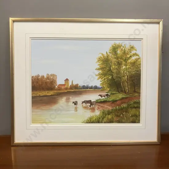 Derek Pearce 1984 Original Artwork - Cattle In a Stream. Signed. 51 x 62cm