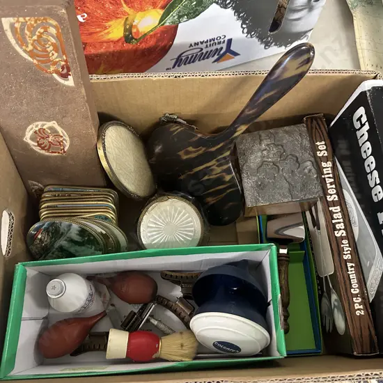 Box Lot Of Vintage Items Including Hand Mirror, Shaving Items Etc