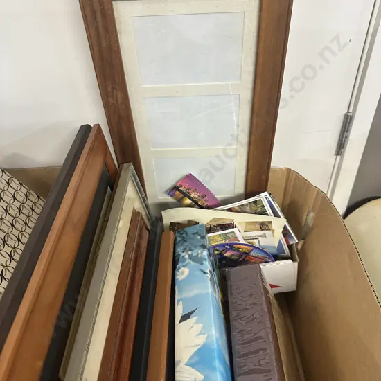 Box Lot Of Vintage Postcards, Frames Etc