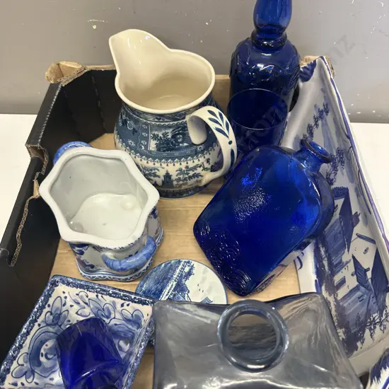 Box Of Blue Glass & China Items