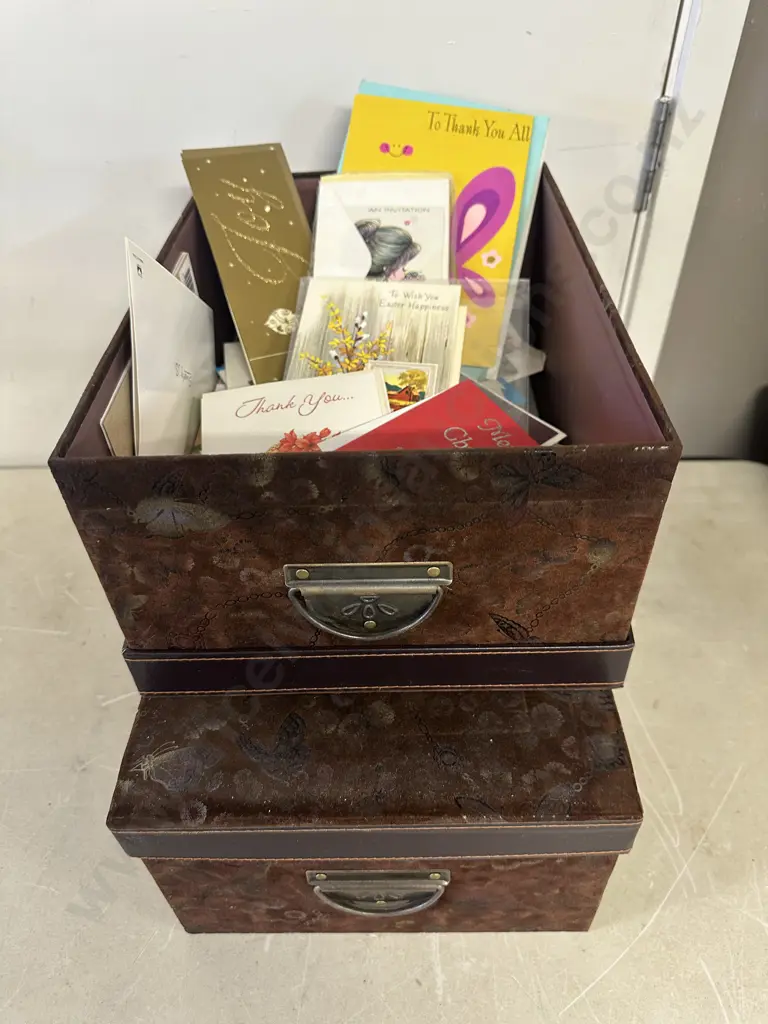 Lidded Storage Boxes x2 With Assorted Greeting Cards Image 1++