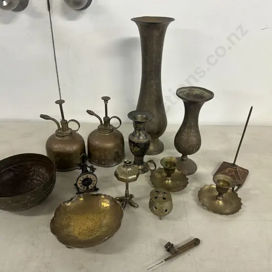 Assorted Brass Items Including Vases, Candle Holders Etc