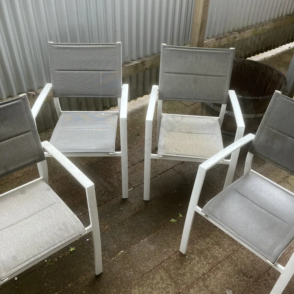 Set of White & Grey Armed Outdoor Stacking Chairs Image 1++