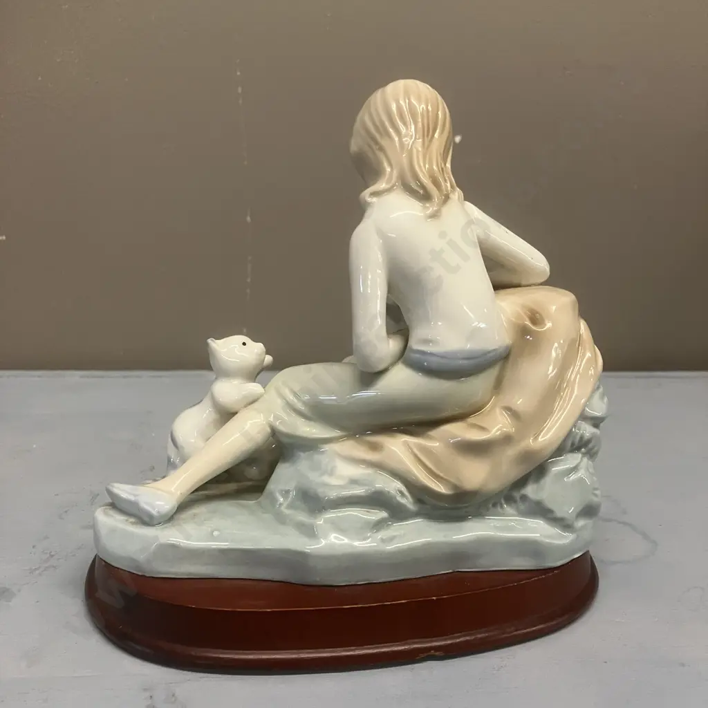 Vintage Ceramic Porcelain Figurine "Girl With a Kitten & Bird" 16.5  17cm on Wooden Base Image 1++