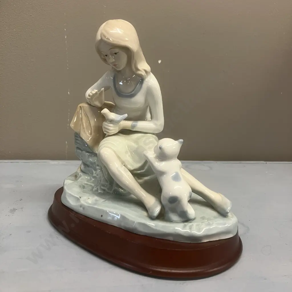 Vintage Ceramic Porcelain Figurine "Girl With a Kitten & Bird" 16.5  17cm on Wooden Base Image 1++