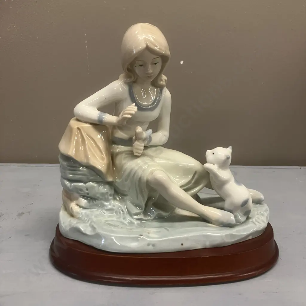 Vintage Ceramic Porcelain Figurine "Girl With a Kitten & Bird" 16.5  17cm on Wooden Base Image 1++