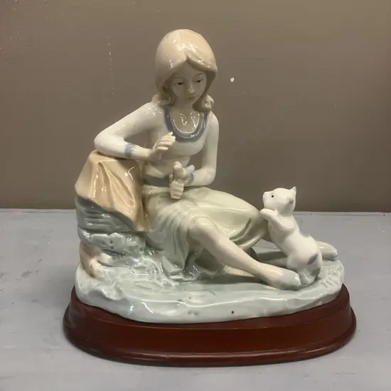 Vintage Ceramic Porcelain Figurine "Girl With a Kitten & Bird" 16.5  17cm on Wooden Base