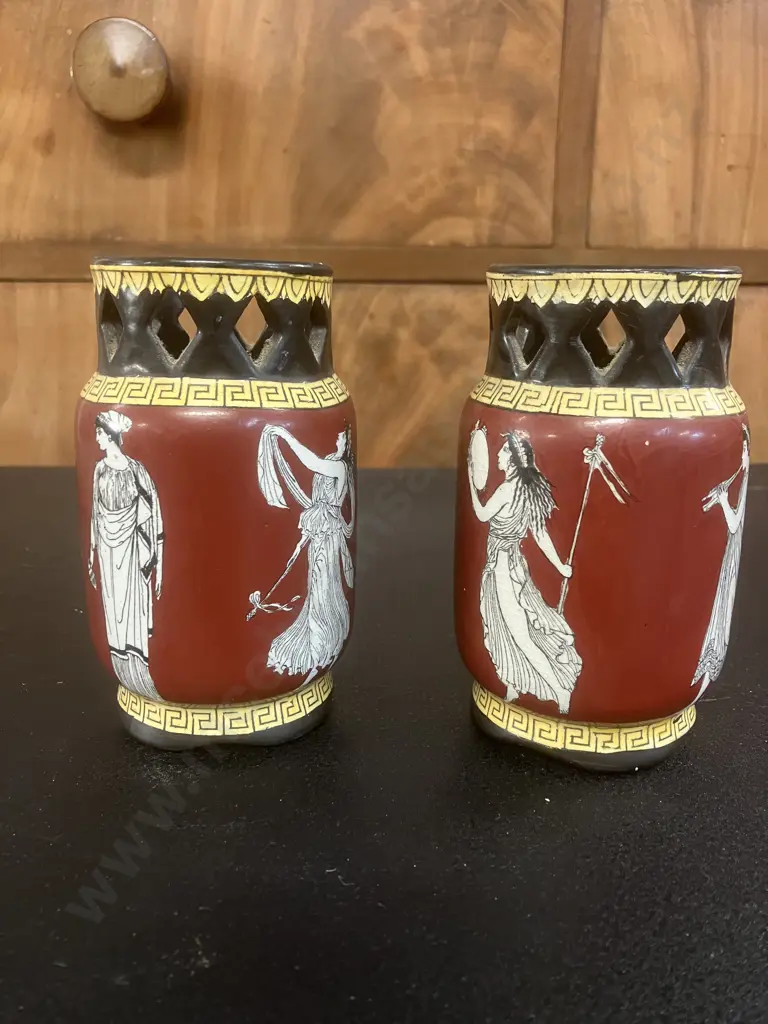 Pair of Antique English Neo-Grec Ye Olde Foley Pottery Vases, Marked To Base. H12cm Image 1++