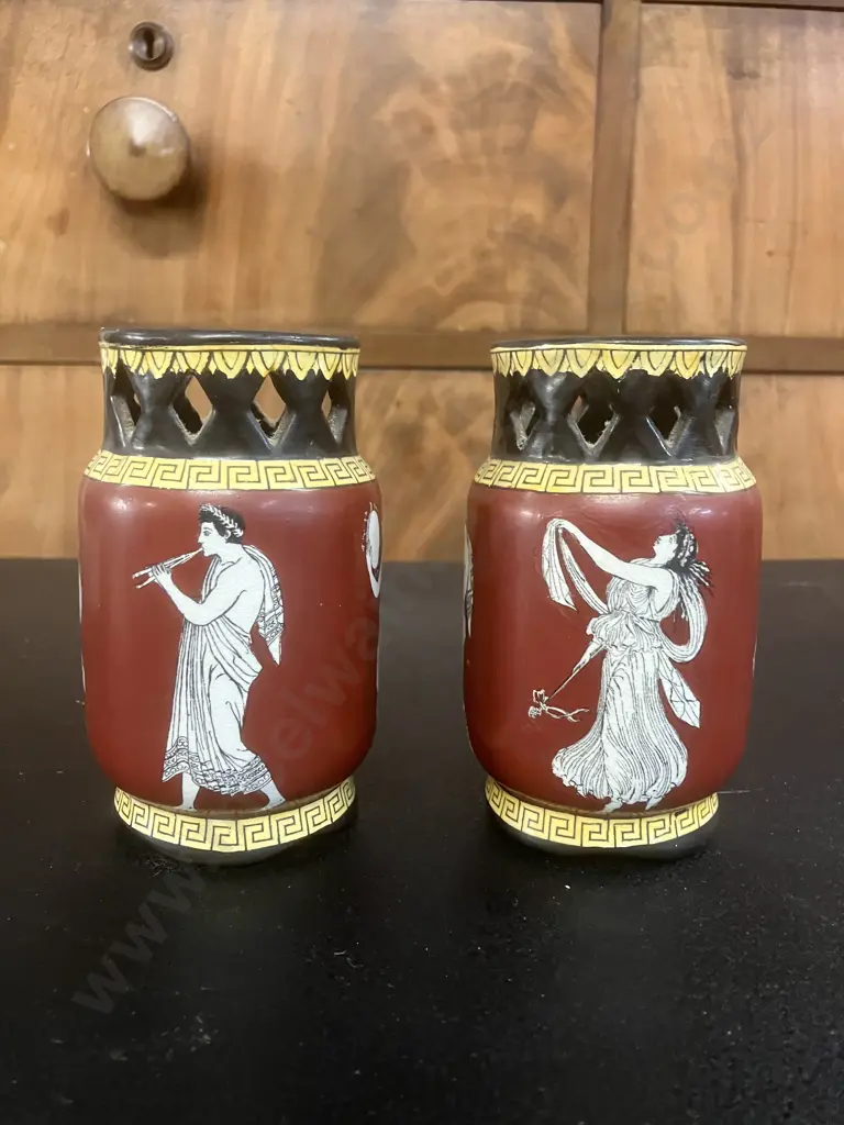 Pair of Antique English Neo-Grec Ye Olde Foley Pottery Vases, Marked To Base. H12cm Image 1++